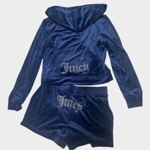 NWT Juicy Couture Bling Luxe Velour Tracksuit Hoodie Short Set | L Atlantis Blue
